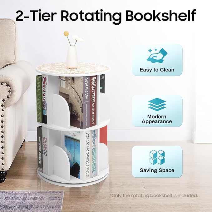2-Tier Rotating Bookshelf 360° Revolving Bookcase, Floor Standing Bookcase Book - Image 4
