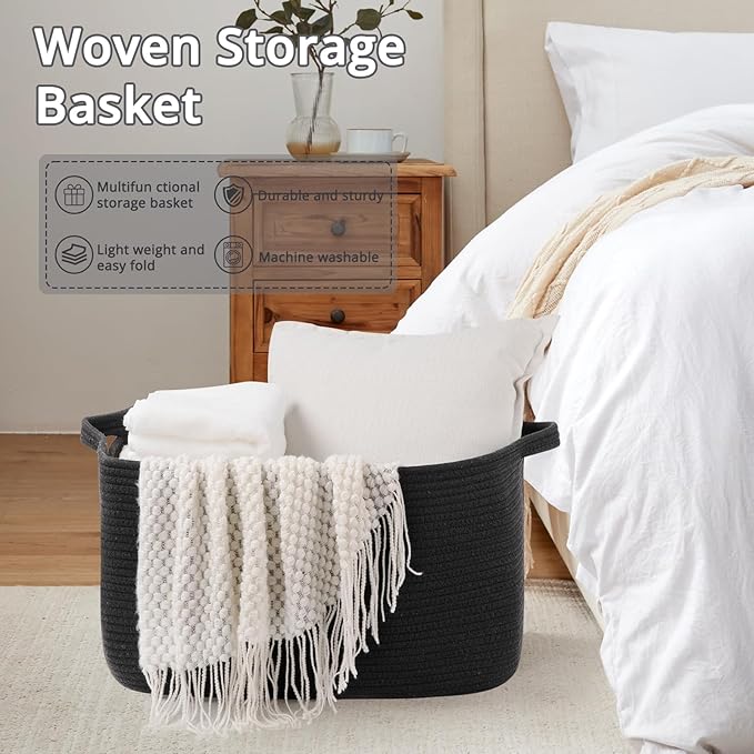 70L Large Blanket Basket, 21.6" x 16.9" x 11.8" Woven Storage Basket - Image 7
