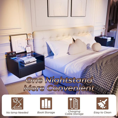 Loomie Black Floating Nightstands Set of 2, 18.9” Bedside Table w/Charging - Image 4