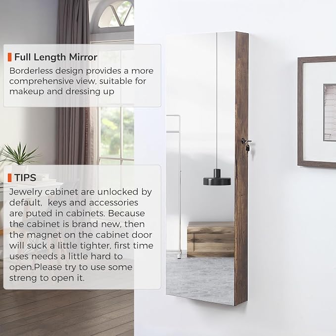 GISSAR Full Length Mirror Jewelry Cabinet, 6 LEDs Jewelry Armoire Wall Mounted - Image 2