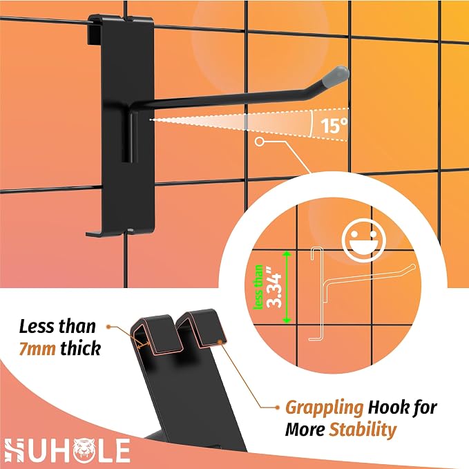 HUHOLE Black Gridwall Hooks 2 Inch, 4 Inch, 6 Inch, Durable Grid Wall Hook - Image 3