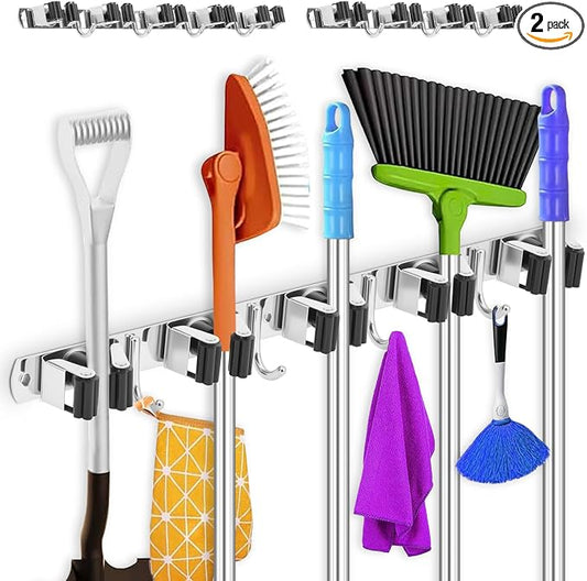 2 Pack Broom Holder Wall Mount 5 Racks 4 Hooks Stainless Steel Broom Mop Holder by TKSDWBLTY