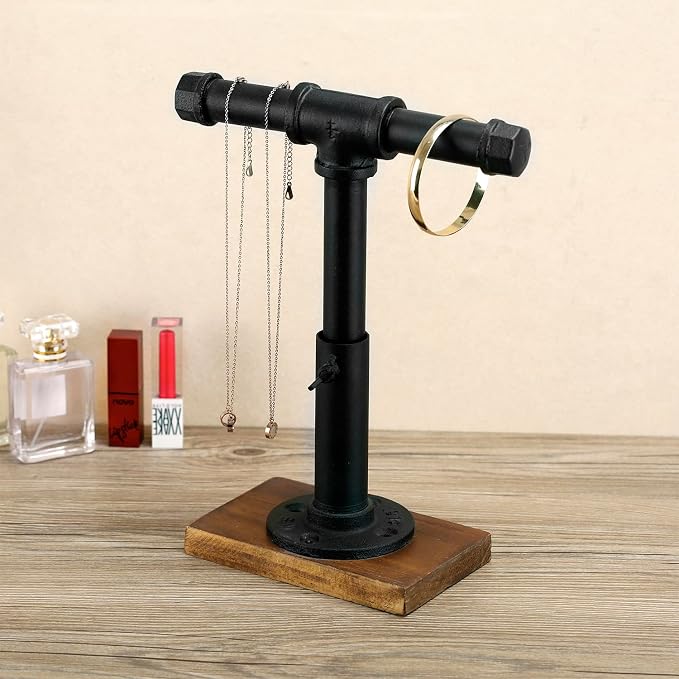 MyGift Industrial Pipe Black Metal T-Bar Jewelry Bracelet & Necklace Adjustable - Image 2