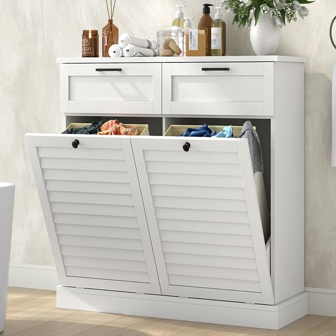 Double Tilt Out Laundry Hamper Cabinet, 30 Gallon Trash Can Cabinet by LOOMIEDirect