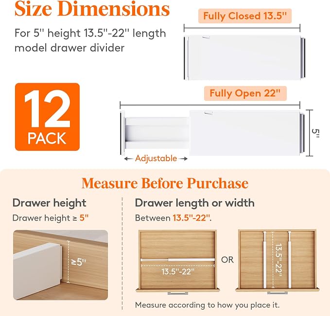 Lifewit 12 Pack Drawer Dividers Plastic 5" High, 13.5-22" Adjustable Drawer - Image 2