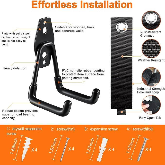 Heavy Duty Garage Hooks 4 Pack, 7.7 inch U Shaped Long Hanger, - Image 3