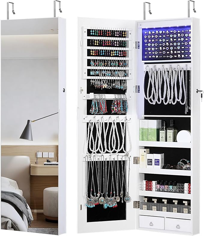 GISSAR Full Length Mirror Jewelry Cabinet, 6 LEDs Jewelry Armoire Wall Mounted by GISSAR