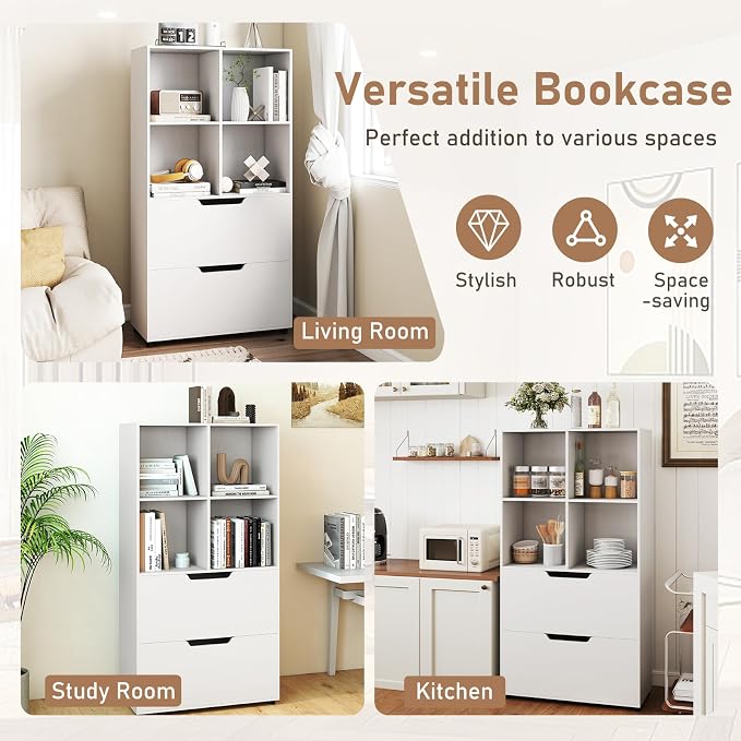 Giantex Bookshelf with 4 Cubes & 2 Drawers, 51” Tall Floor Bookcase with - Image 7