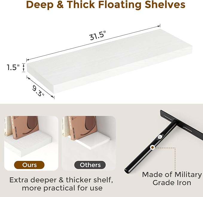 Fun Memories White Floating Shelves 32 Inch Long, Rustic Wood Wall Mounted - Image 3