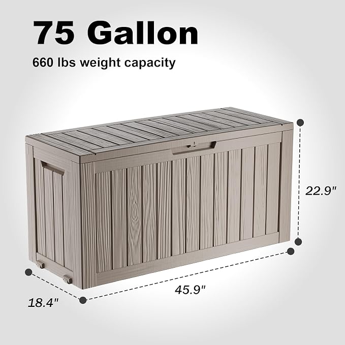 75 Gallon Outdoor Storage Box, Resin Deck Boxes Waterproof, Indoor Outdoor Bin - Image 2