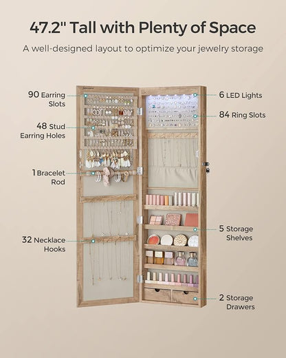 SONGMICS 6 LEDs Mirror Jewelry Cabinet, 47.2-Inch Tall Lockable Wall or Door - Image 5