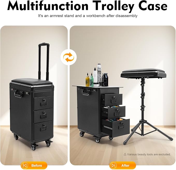 Rolling Makeup Case, 3 Drawers Tattoo Travel Case Makeup Case - Image 5