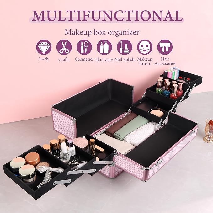 Large Makeup Train Case Cosmetic Organizer Case Makeup Box Portable Make Up - Image 4