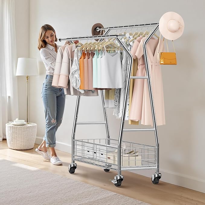 VEVOR Clothes Rack, Rolling Clothing Garment Rack, Extendable Carbon Steel - Image 8