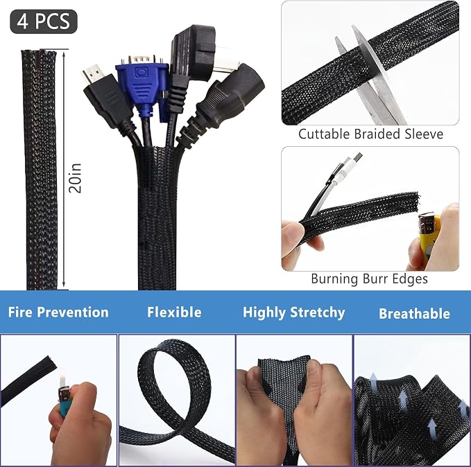 ELII 300PCS Cable Management Kit, 4 Cable Sleeve 35 Cable Clips - Image 3