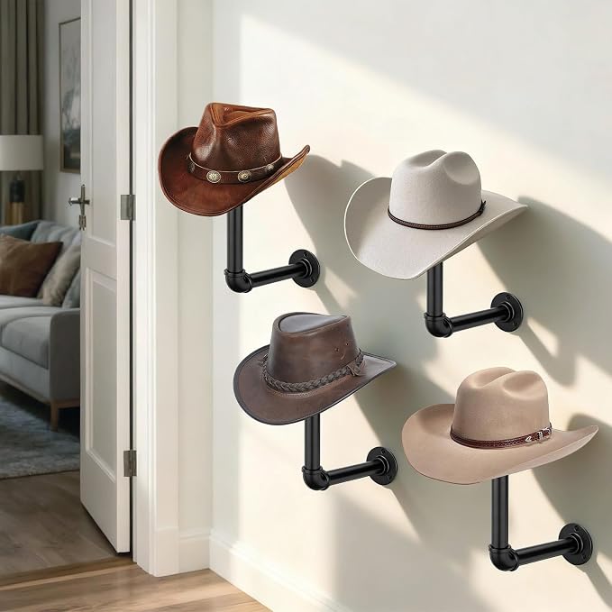 4PCS Cowboy Hat Rack Wall Mount, Wooden Western Rustic Metal Hanger, Wall - Image 5