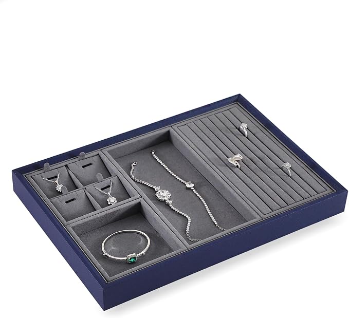Dark Blue Jewelry Display Tray Ring Necklace Earring Bangle Organizer - Image 3