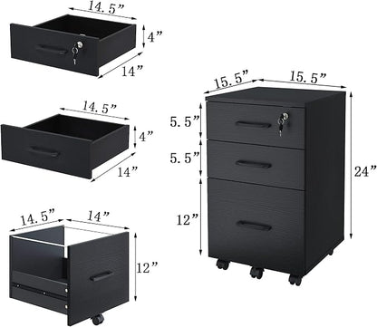 File Cabinet with Lock, 3 Drawer Wood Rolling Filing Cabinets Under Desk - Image 2