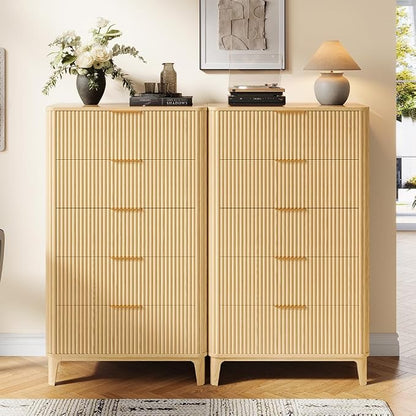 Fluted 5 Drawers Dresser for Bedroom, Farmhouse Wooden Vertical Dresser - Image 5
