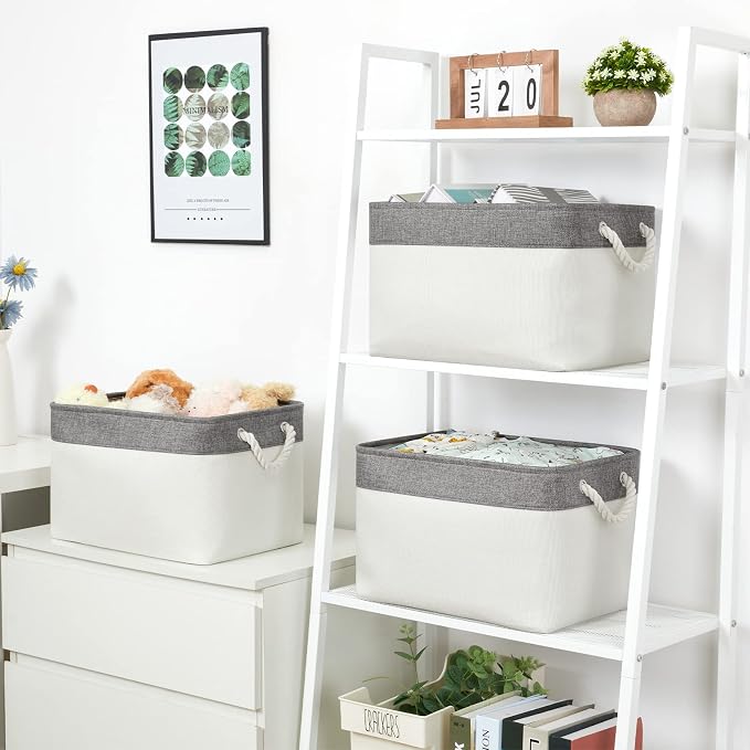 Bidtakay White Baskets with Cotton Rope Handles Decorative Storage Bins Fabric - Image 3