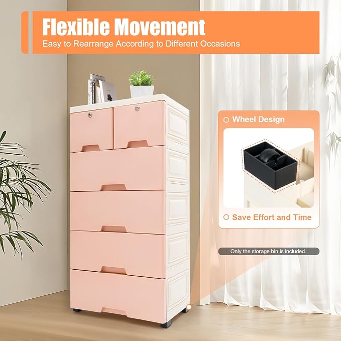 5-Layers Plastic Dresser with 6 Drawers Movable Chest of Drawers Locked Storage - Image 3