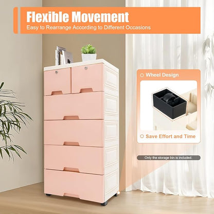 5-Layers Plastic Dresser with 6 Drawers Movable Chest of Drawers Locked Storage - Image 3
