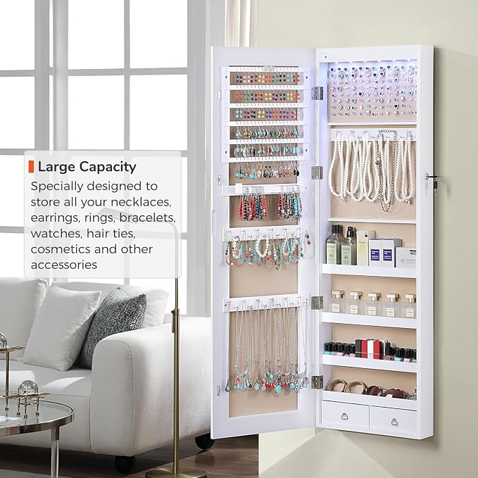 GISSAR Full Length Mirror Jewelry Cabinet, 6 LEDs Jewelry Armoire Wall Mounted - Image 3