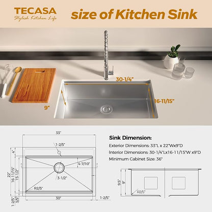 33 x 22 Drop-In/Undermount Kitchen Sink, TECASA Single Bowl Kitchen Sink - Image 7