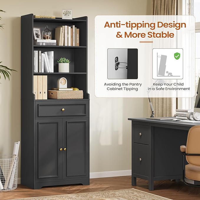 DICTAC Bookcase Set of 2 with Drawer and Doors 73.23''Tall Bookshelf with - Image 6