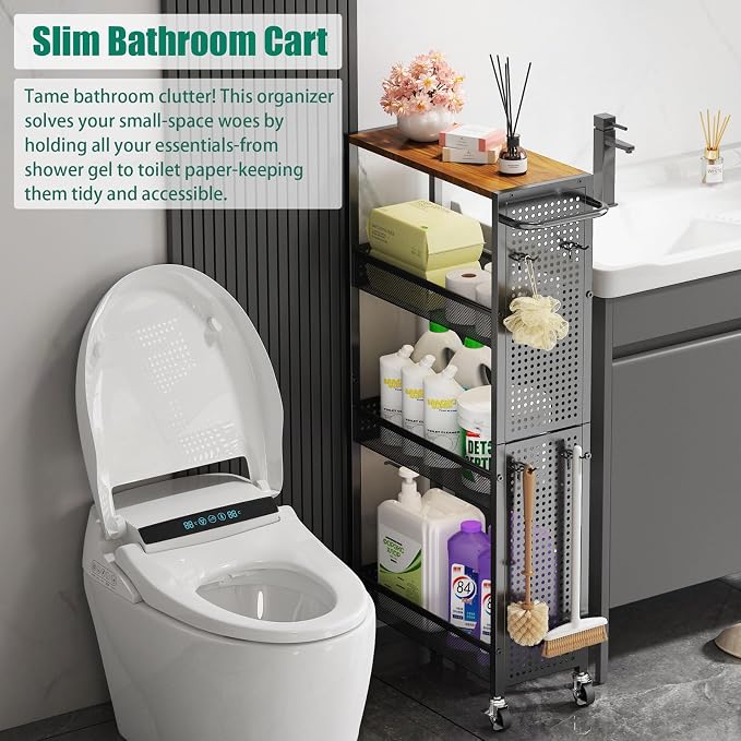 Slim Rolling Storage Cart with Wheels, 4-Tier Metal Utility Cart with Handle & - Image 7