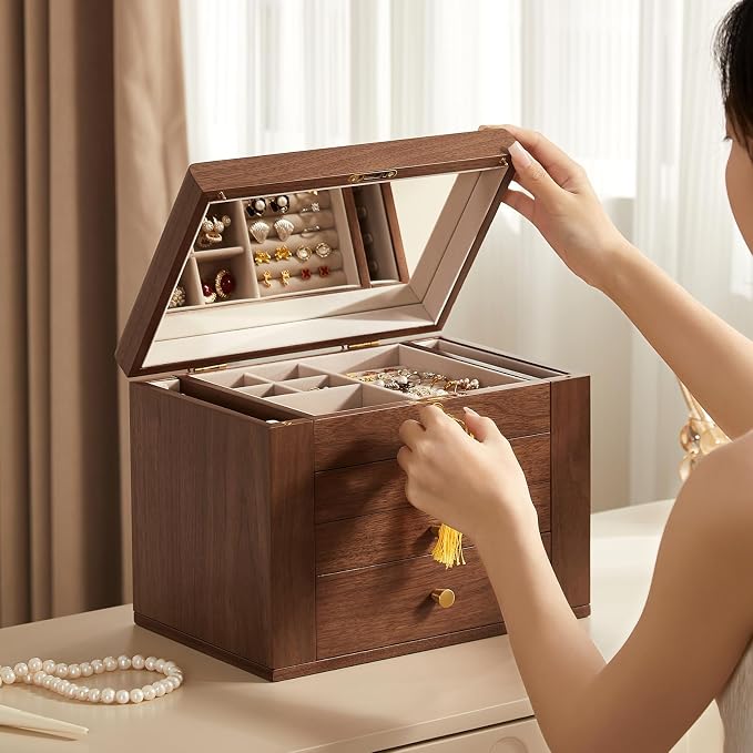 CHOSIN Black Walnut Wooden Jewelry Box, 4-Layer Lockable Wood Jewelry Organizer - Image 5