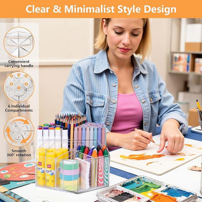 Pen Holder for Desk Acrylic, Large 6 Slots 360-Degree Rotating Marker Organizer - Image 6