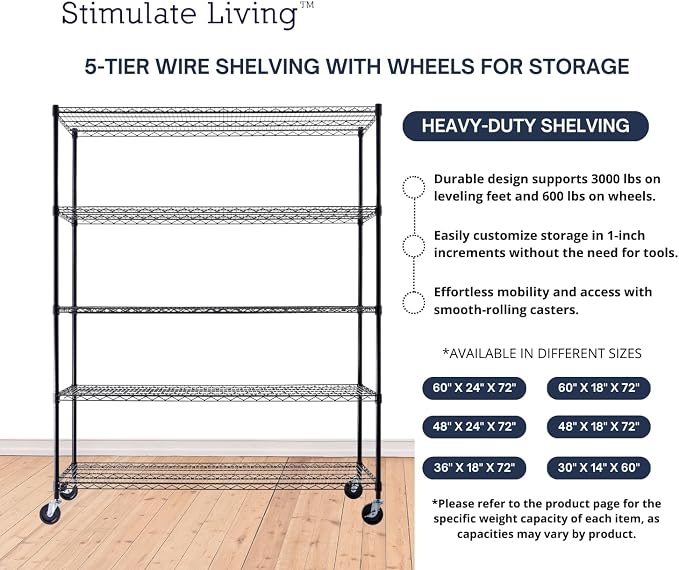 60"x24"x72" PRIME HEAVY DUTY Black 5-Tier Wire Shelving NSF 3000 LBS MAX - Image 6