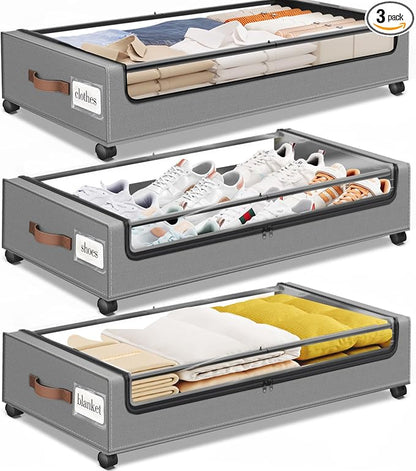 Under Bed Storage with Wheels 3Pack Underbed Storage with Clear Window&Label by SpaceHacks