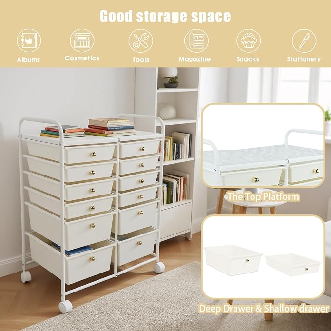 White 12 Drawers Rolling Storage Cart - Image 5