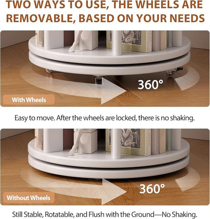 Solid Wood Rotating Bookshelf on Wheels, 4 Tier, Round Revolving Bookcase - Image 5