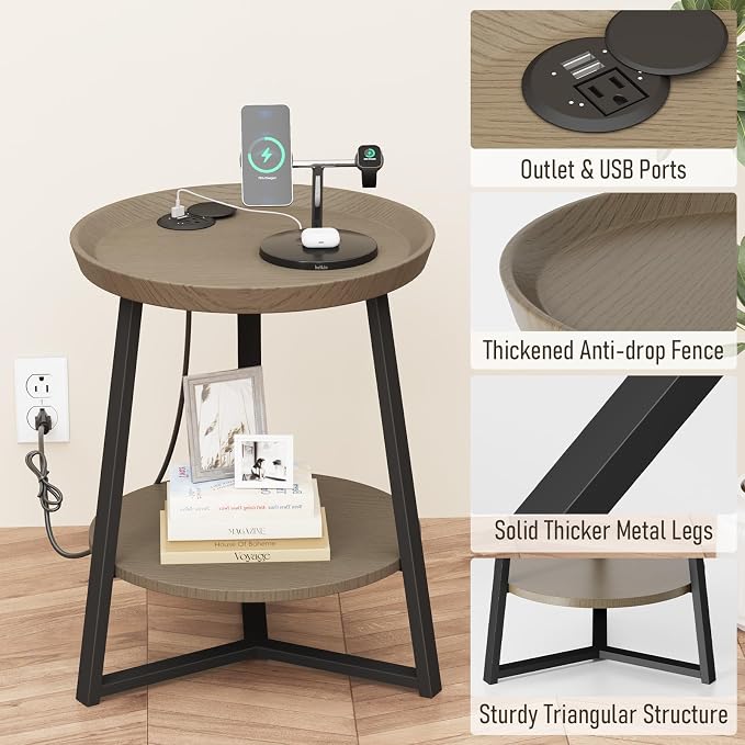 Gadroad Round End Table with Charging Station, USB Ports, Wood Tabletop & Black - Image 5