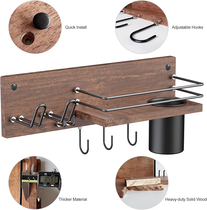 Wooden Hair Dryer Holder Wall Mounted, Bathroom Hair Tool Organizer, Blow Dryer - Image 4