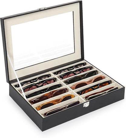 Sunglasses Organizer Case with Adjustable Slots, Eyeglasses Display with Lid by Huvon
