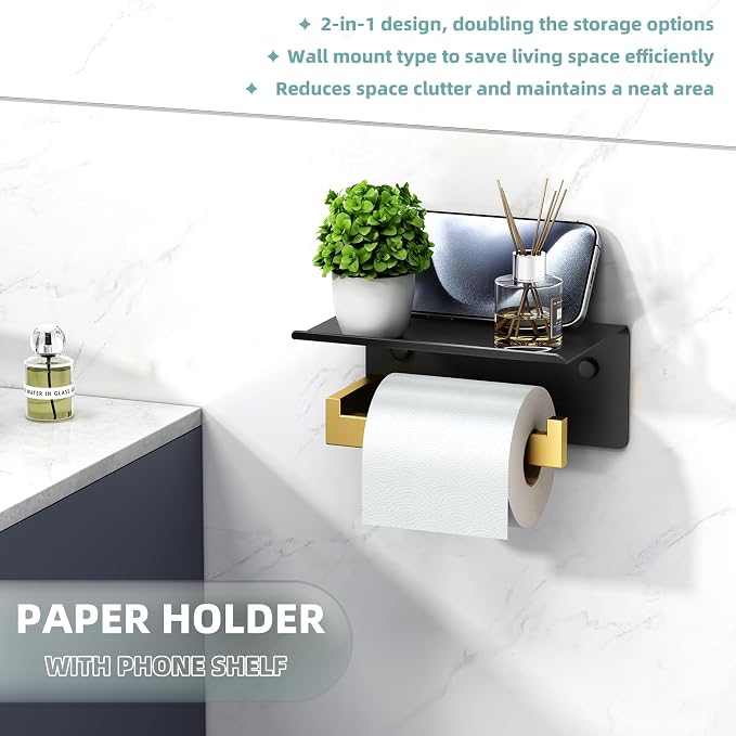 Toilet Paper Holder with Phone Shelf Black & Gold, APLusee 304 Stainless Steel - Image 3