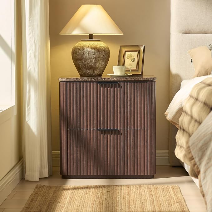 Fluted Nightstand with 2 Drawers, Bedside Table with Faux Marble-Top, - Image 7