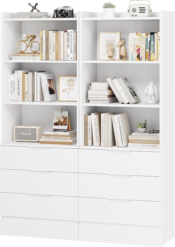 DICTAC Bookcase Set of 2 with 3 Drawers 73.23'' White Bookshelf Storage by DICTAC