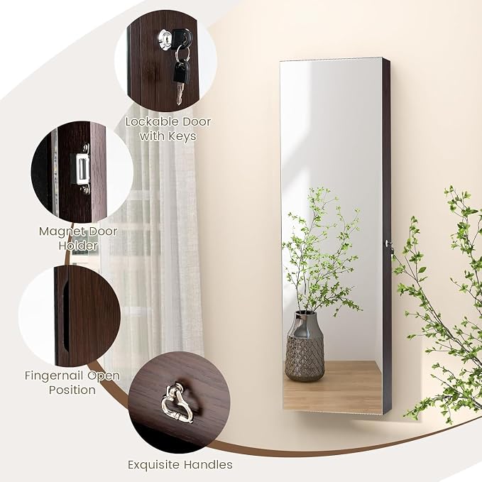 LDAILY 47” LED Jewelry Armoire, Door/Wall Mounted Mirror w/Storage, 4 Shelves - Image 7
