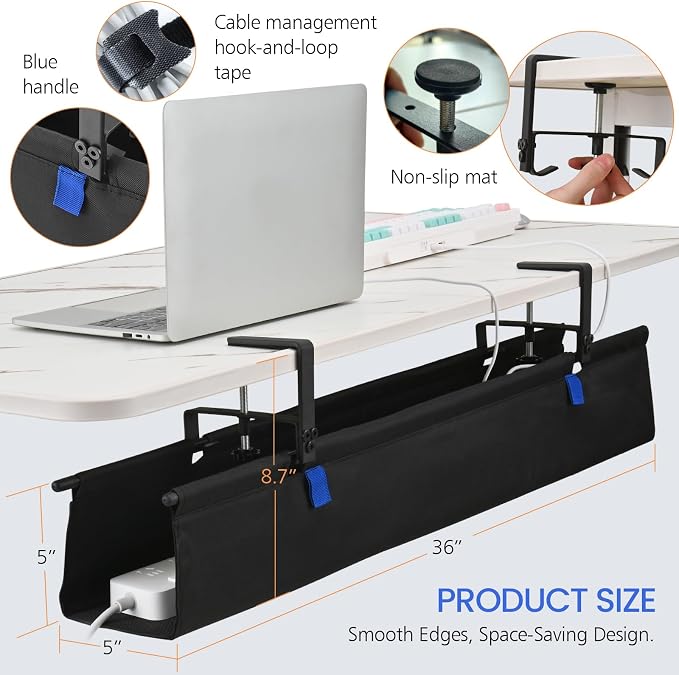 36" Under Desk Cable Management Tray- Clamp/Screw Mount Desk Cable Organizer - Image 7