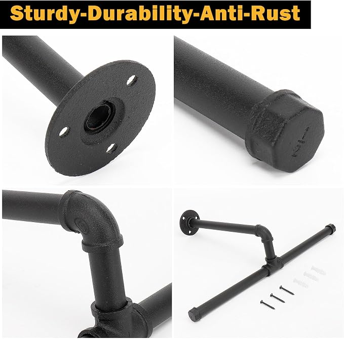 Industrial Pipe Clothes Rack Floating DIY Wall Mounted, Heavy Duty Rustic - Image 4