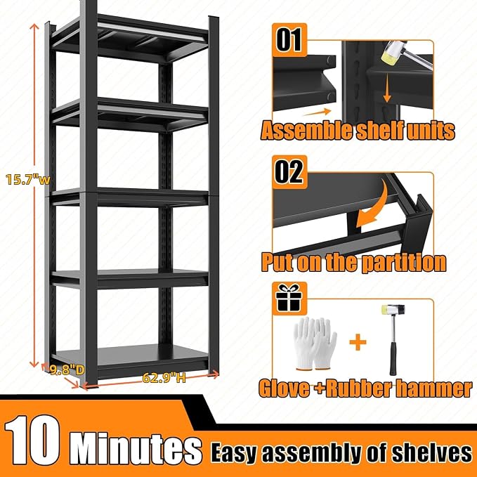 5-Tier Slim Metal Shelving Unit, Adjustable Narrow Standing Shelf - Image 3