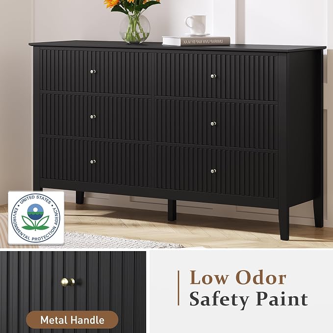 RoyalCraft Black 6 Drawer Dresser, Fluted Modern Wood Dresser, Double Chest of - Image 8