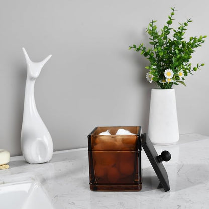Amber Glass Cotton Jar Holder – Black Lid Elegant Bathroom Storage Canister - Image 3
