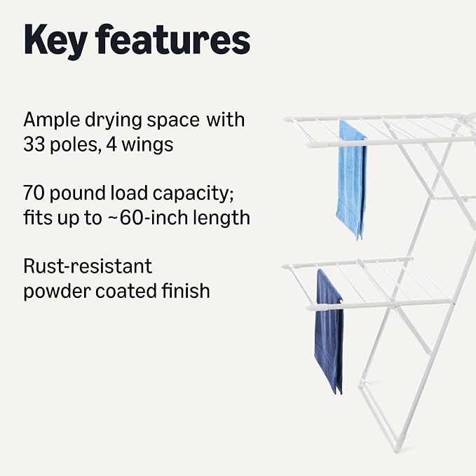Amazon Basics Foldable 4-Wing Metal Clothes Drying Rack, 61x23.6x49.6 inches - Image 2