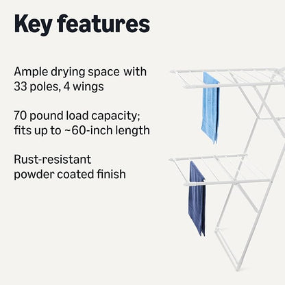 Amazon Basics Foldable 4-Wing Metal Clothes Drying Rack, 61x23.6x49.6 inches - Image 2